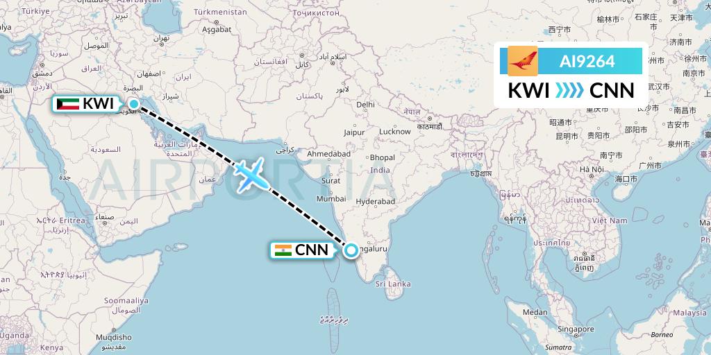 AI9264 Air India Flight Map: Kuwait City to Mattannur