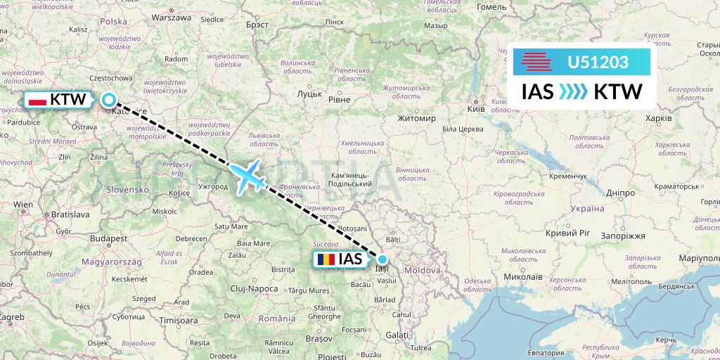 U51203 Karinou Airlines Flight Map: Iasi to Katowice