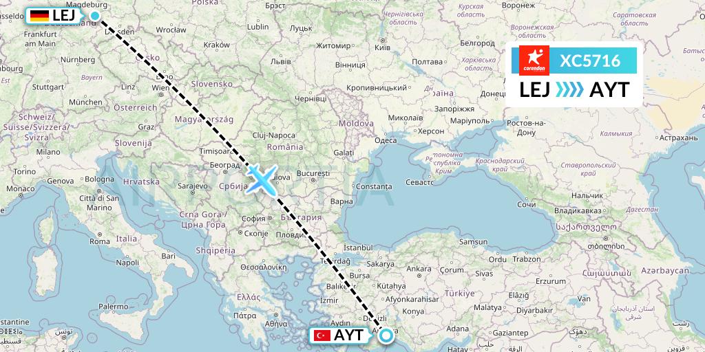 XC5716 Corendon Airlines Flight Map: Leipzig to Antalya