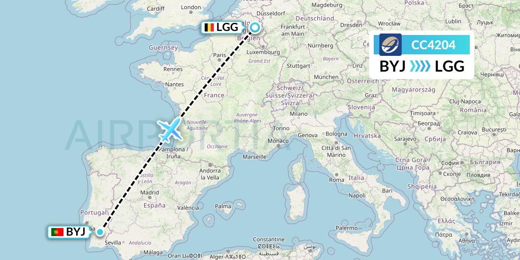CC4204 CM Airlines Flight Map: Beja to Liege