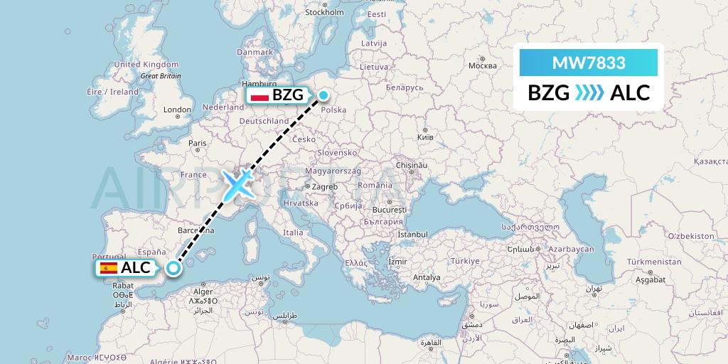 MW7833 Mokulele Flight Service Flight Map: Bydgoszcz to Alicante