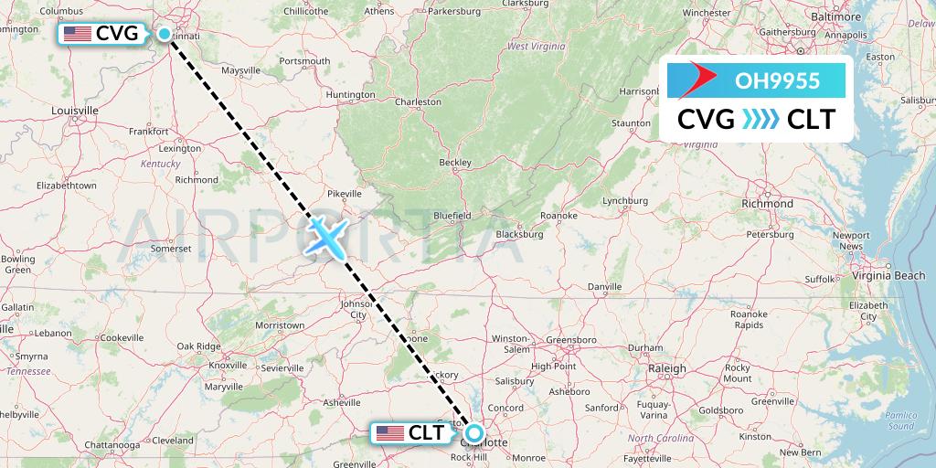 OH9955 PSA Airlines Flight Map: Cincinnati to Charlotte
