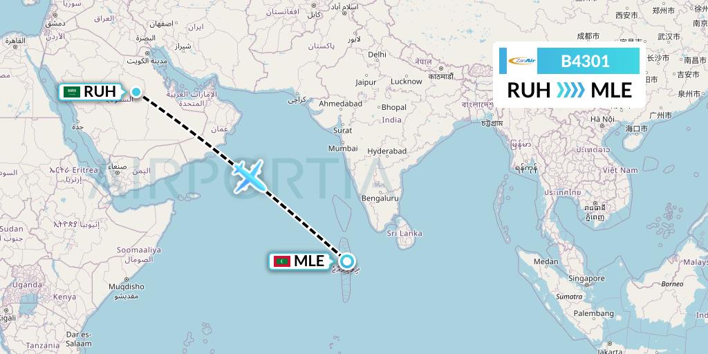 B4301 Zanair Flight Map: Riyadh to Male