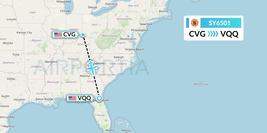 SY6501 Sun Country Airlines Flight Map: Cincinnati to Jacksonville