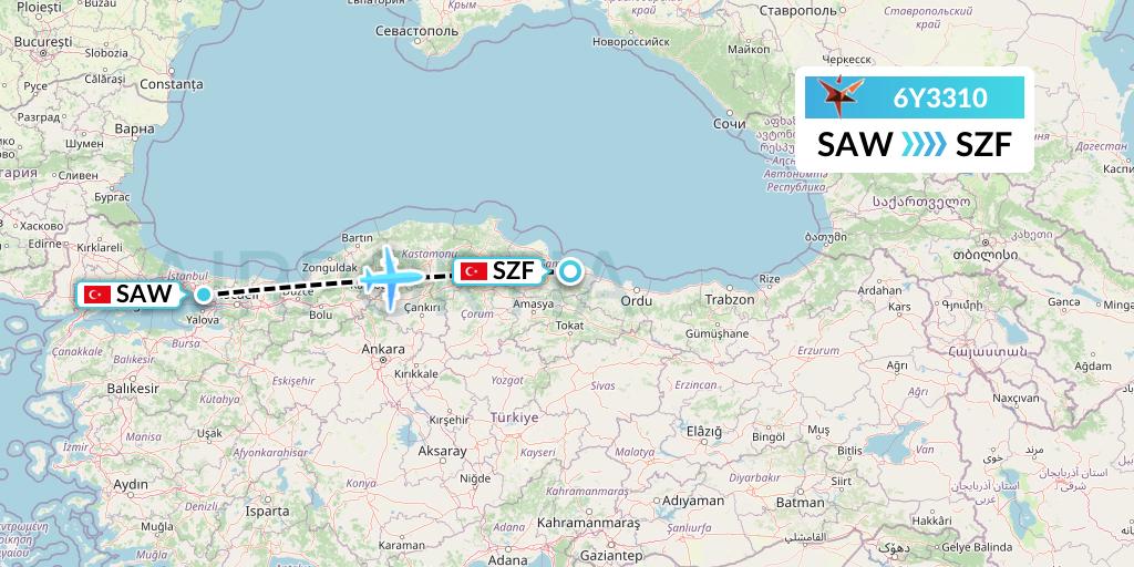 6Y3310 SmartLynx Flight Map: Istanbul to Samsun