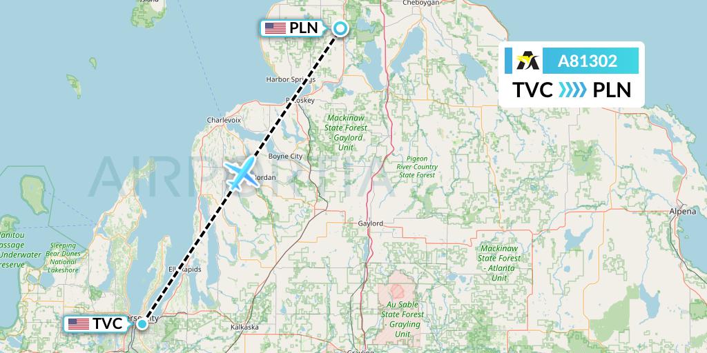 A81302 Aerolink Uganda Flight Map: Traverse City to Pellston