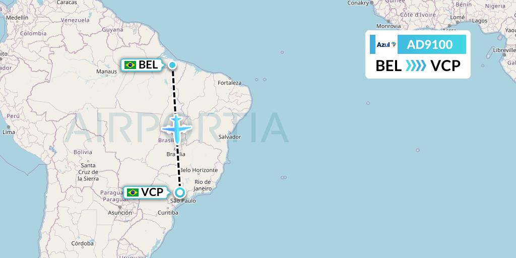AD9100 Azul Brazilian Airlines Flight Map: Belem to Campinas