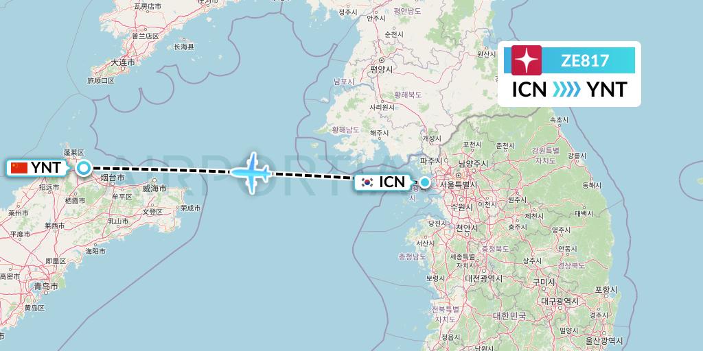 ZE817 Eastar Jet Flight Map: Seoul to Yantai