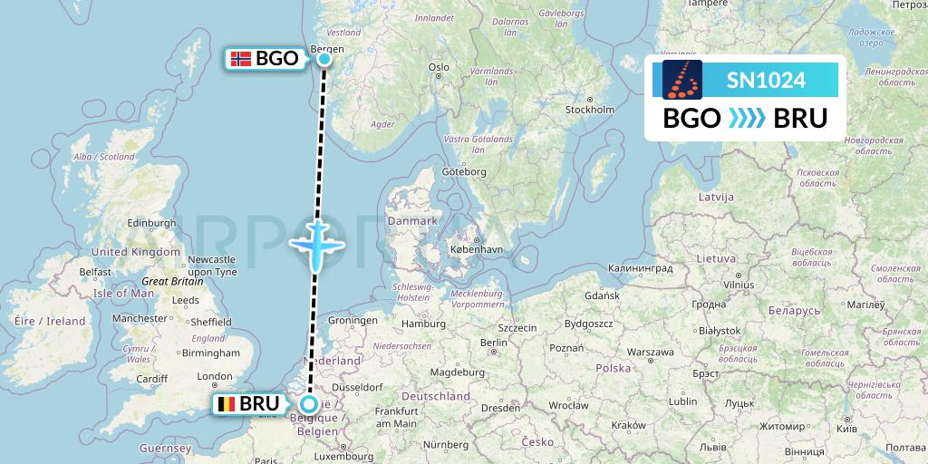 SN1024 Brussels Airlines Flight Map: Bergen to Brussels