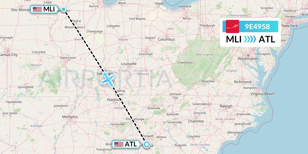 9E4958 Endeavor Air Flight Map: Moline to Atlanta
