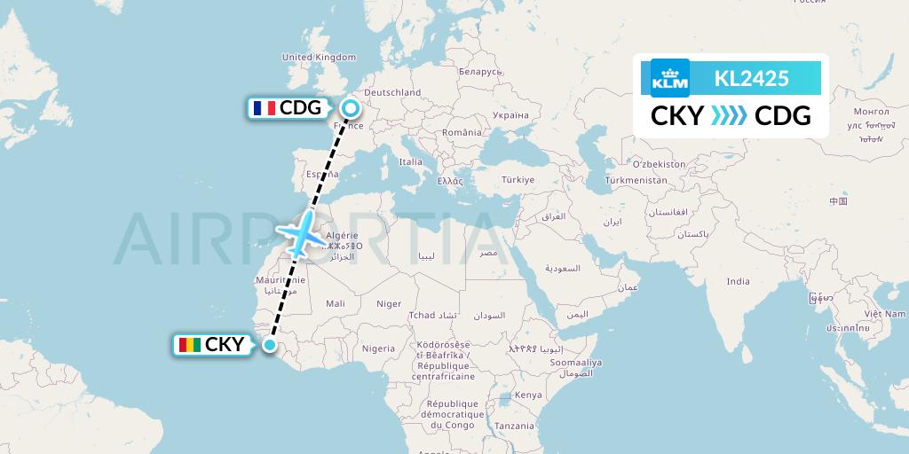 KL2425 KLM Flight Map: Conakry to Paris