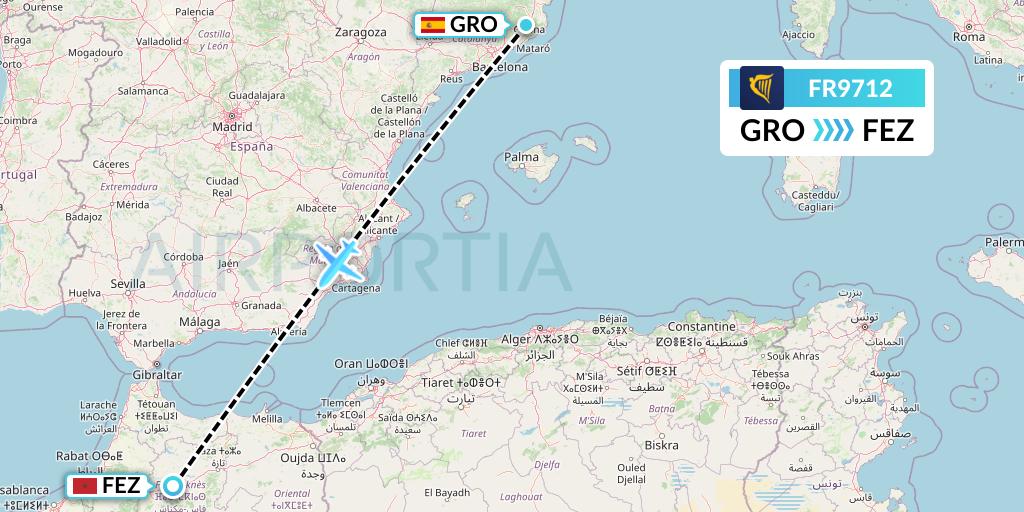 FR9712 Ryanair Flight Map: Girona to Fes