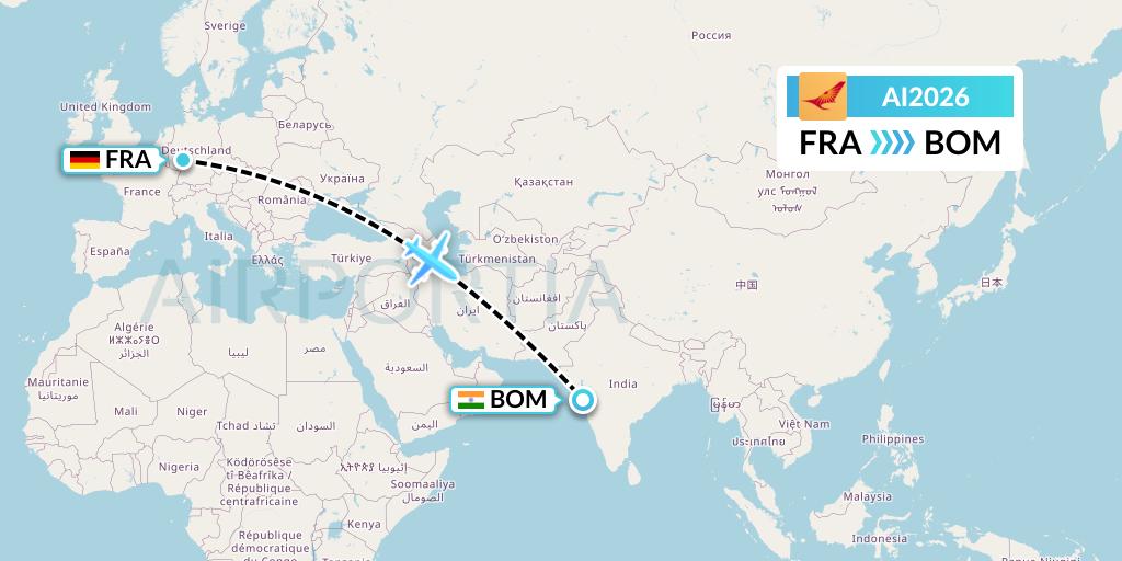 AI2026 Air India Flight Map: Frankfurt to Mumbai