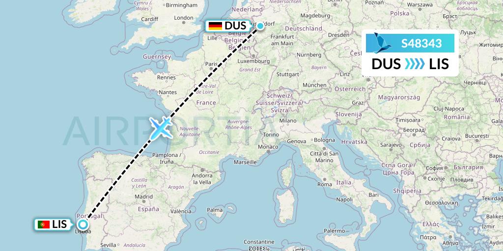 S48343 Azores Airlines Flight Map: Dusseldorf to Lisbon