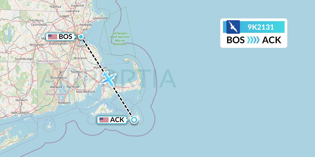 9K2131 Cape Air Flight Map: Boston to Nantucket