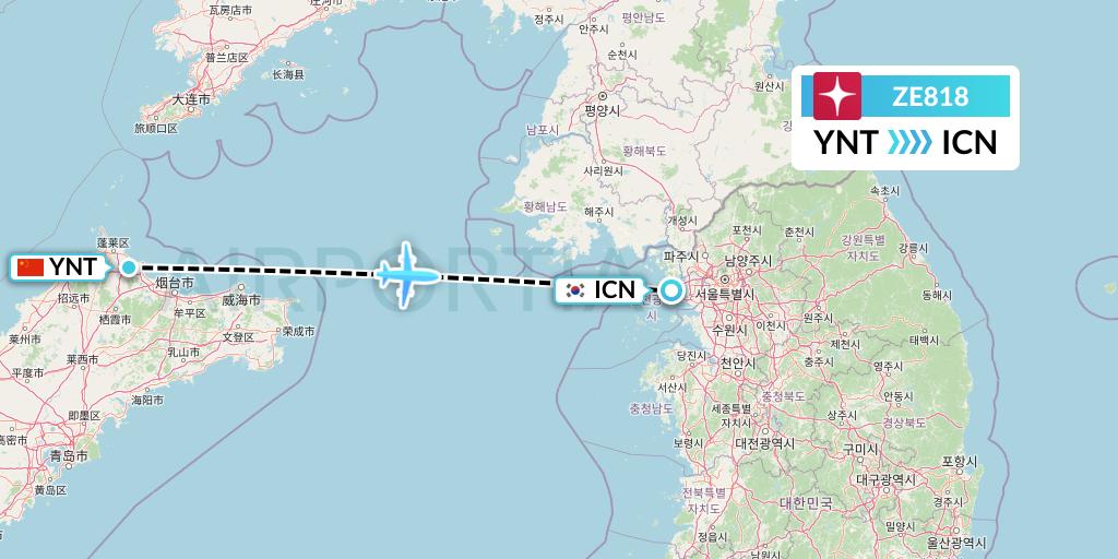 ZE818 Eastar Jet Flight Map: Yantai to Seoul