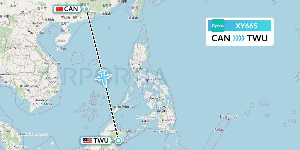 XY665 Flynas Flight Map: Guangzhou to Tawau