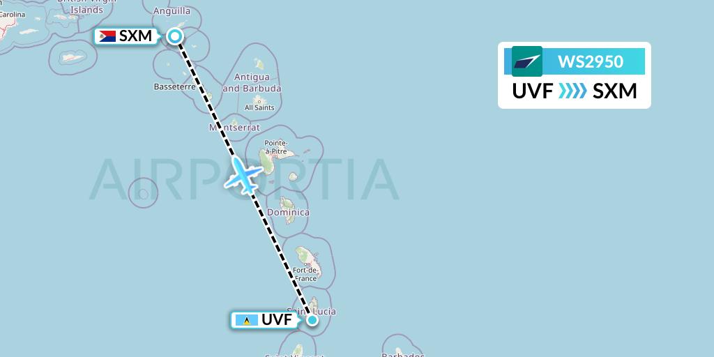 WS2950 WestJet Flight Map: Vieux Fort to Sint Maarten