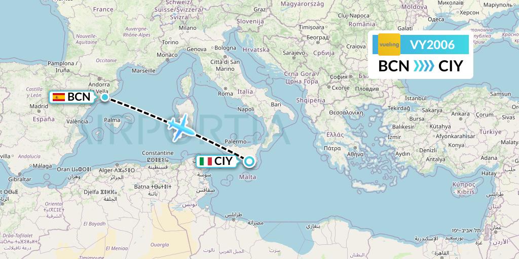 VY2006 Vueling Flight Map: Barcelona to Comiso