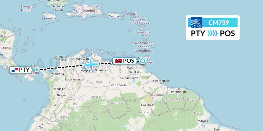 CM739 Copa Airlines Flight Map: Panama City to Port of Spain