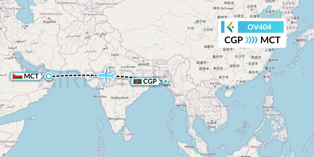 OV404 SalamAir Flight Map: Chittagong to Muscat