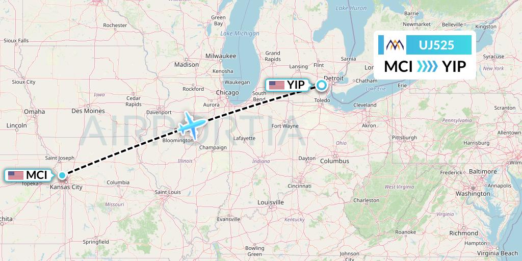 UJ525 AlMasria Universal Airlines Flight Map: Kansas City to Detroit