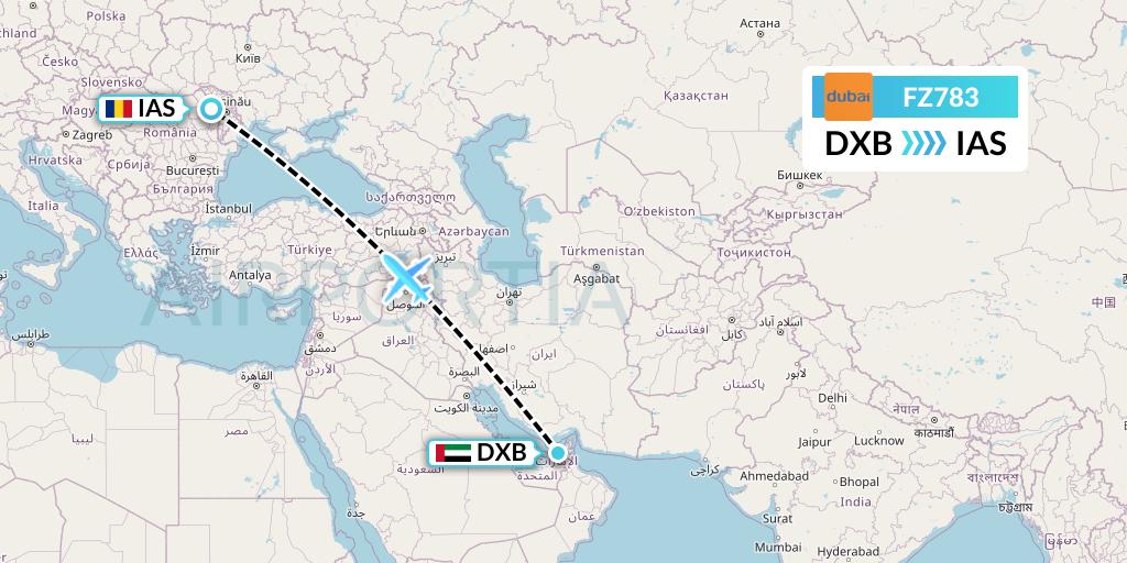 FZ783 FlyDubai Flight Map: Dubai to Iasi