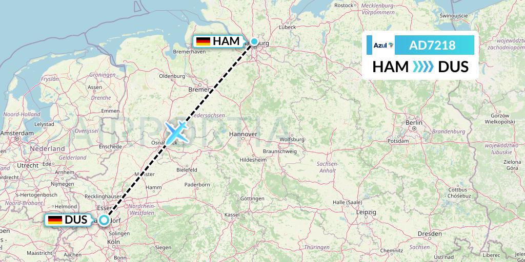 AD7218 Azul Brazilian Airlines Flight Map: Hamburg to Dusseldorf