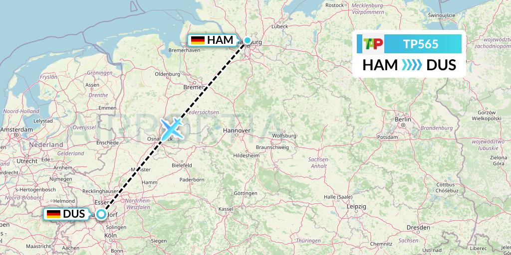 TP565 TAP Portugal Flight Map: Hamburg to Dusseldorf