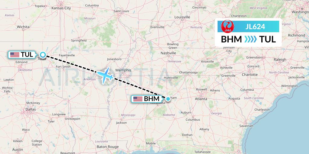 JL624 Japan Airlines Flight Map: Birmingham to Tulsa