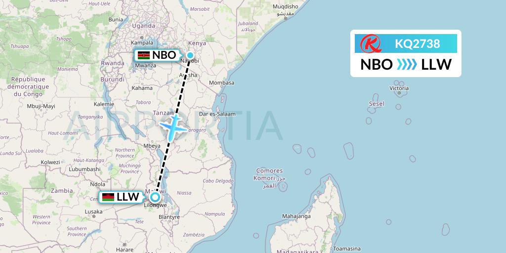 KQ2738 Kenya Airways Flight Map: Nairobi to Lilongwe