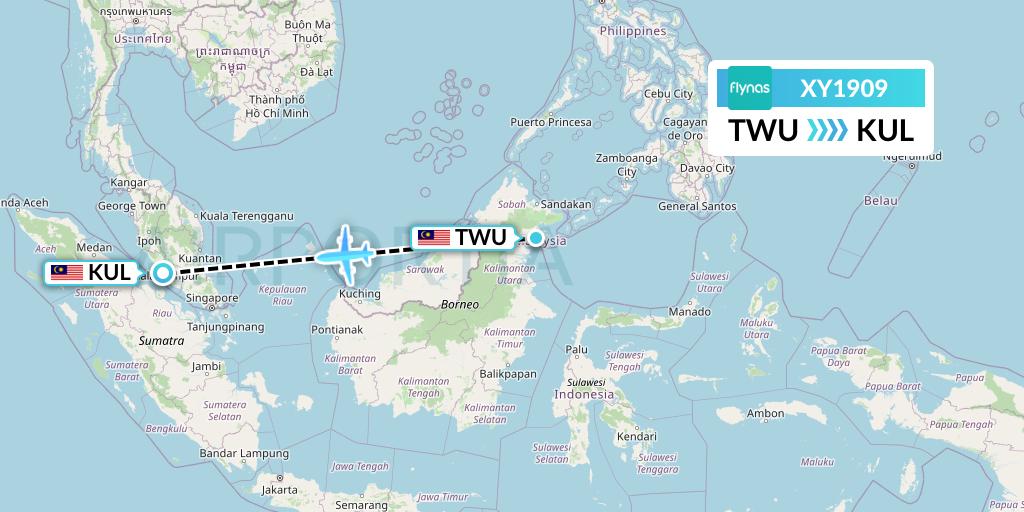 XY1909 Flynas Flight Map: Tawau to Kuala Lumpur