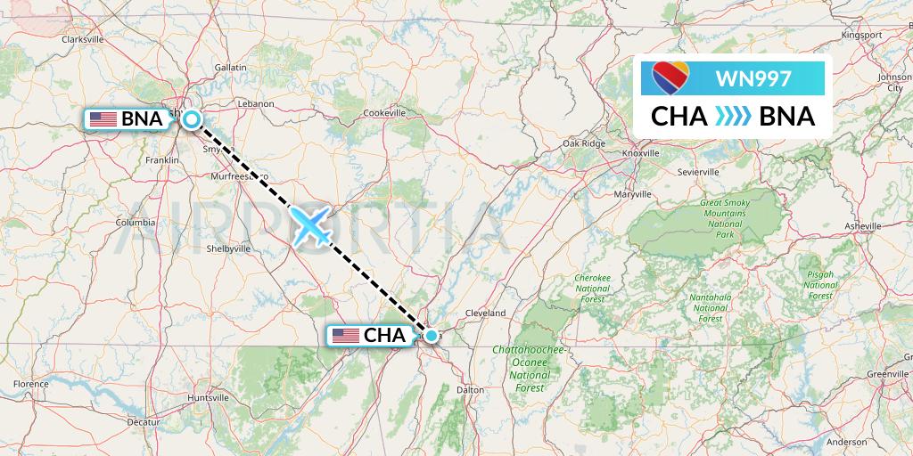 WN997 Southwest Airlines Flight Map: Chattanooga to Nashville