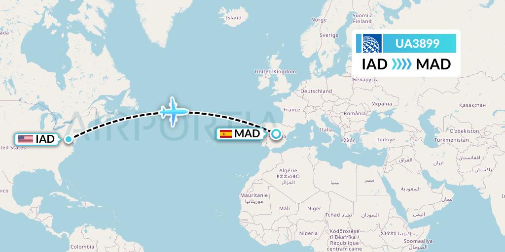 UA3899 United Airlines Flight Map: Washington to Madrid
