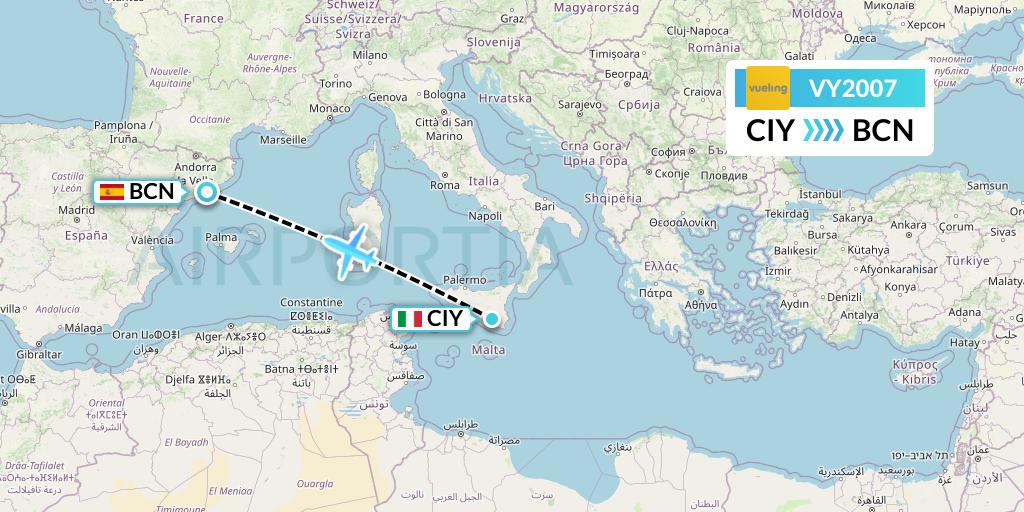 VY2007 Vueling Flight Map: Comiso to Barcelona
