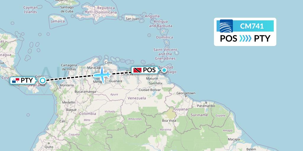 CM741 Copa Airlines Flight Map: Port of Spain to Panama City