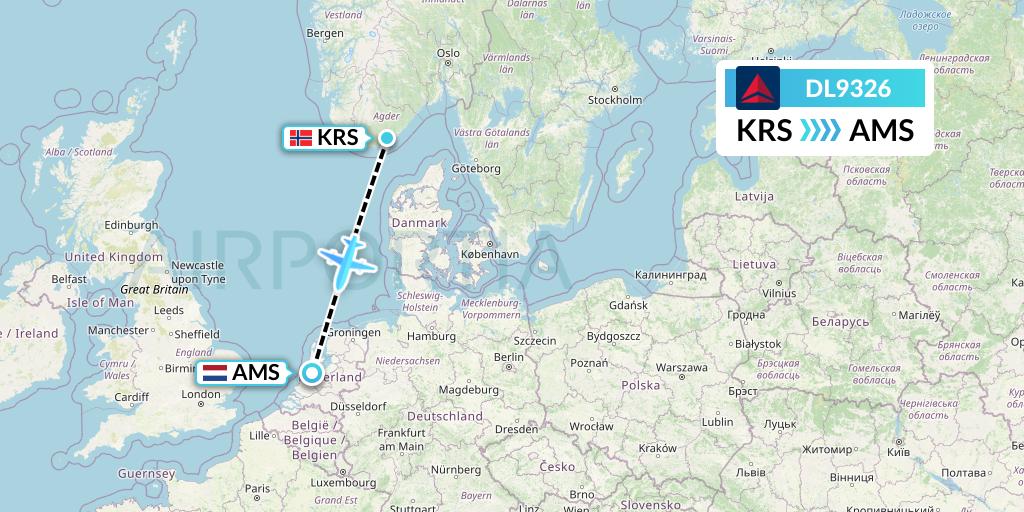 DL9326 Delta Air Lines Flight Map: Kristiansand to Amsterdam