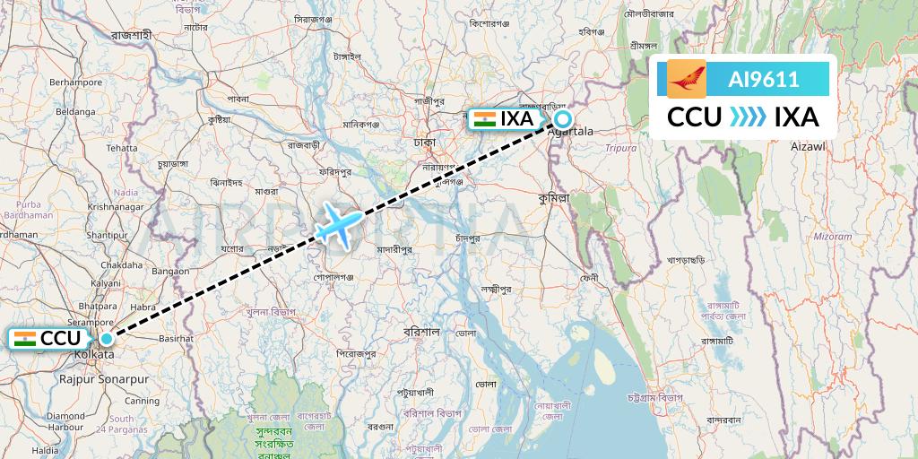 AI9611 Air India Flight Map: Kolkata to Agartala