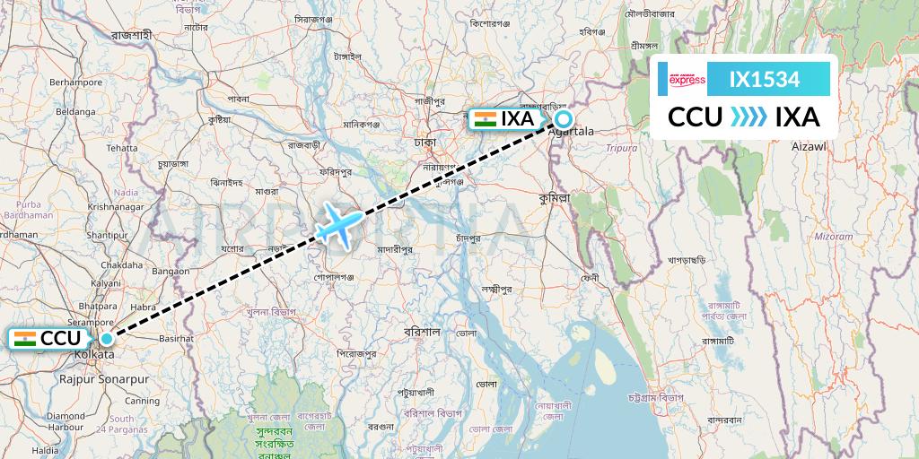 IX1534 Air India Express Flight Map: Kolkata to Agartala