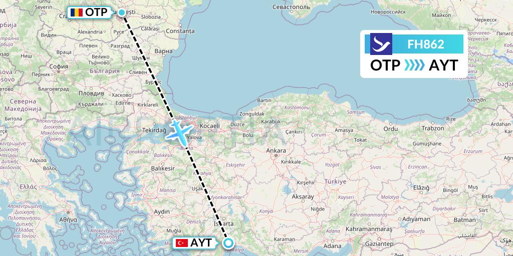 FH862 Freebird Airlines Flight Map: Bucharest to Antalya