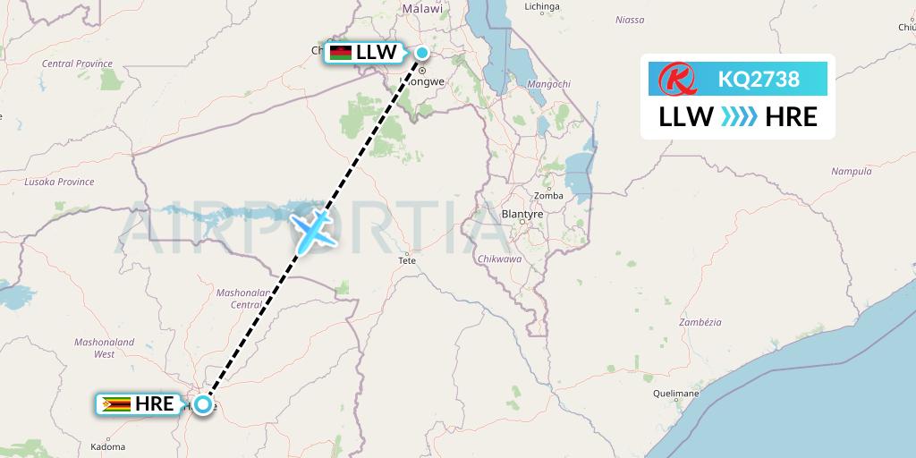 KQ2738 Kenya Airways Flight Map: Lilongwe to Harare
