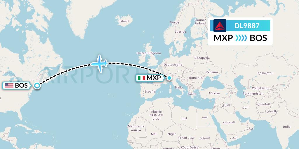DL9887 Delta Air Lines Flight Map: Milan to Boston