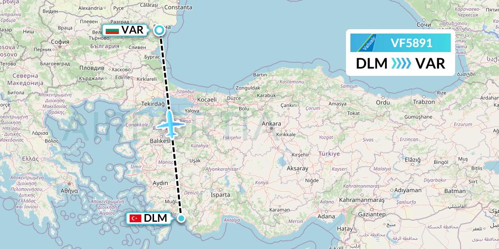 VF5891 ValuAir Flight Map: Dalaman to Varna