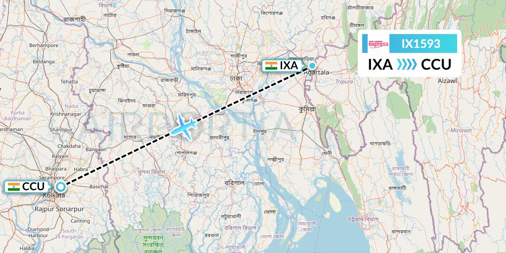 IX1593 Air India Express Flight Map: Agartala to Kolkata