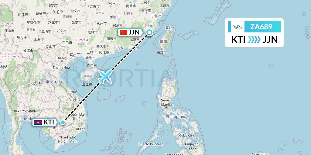 ZA689 Sky Angkor Airlines Flight Map: Kratie to Jinjiang