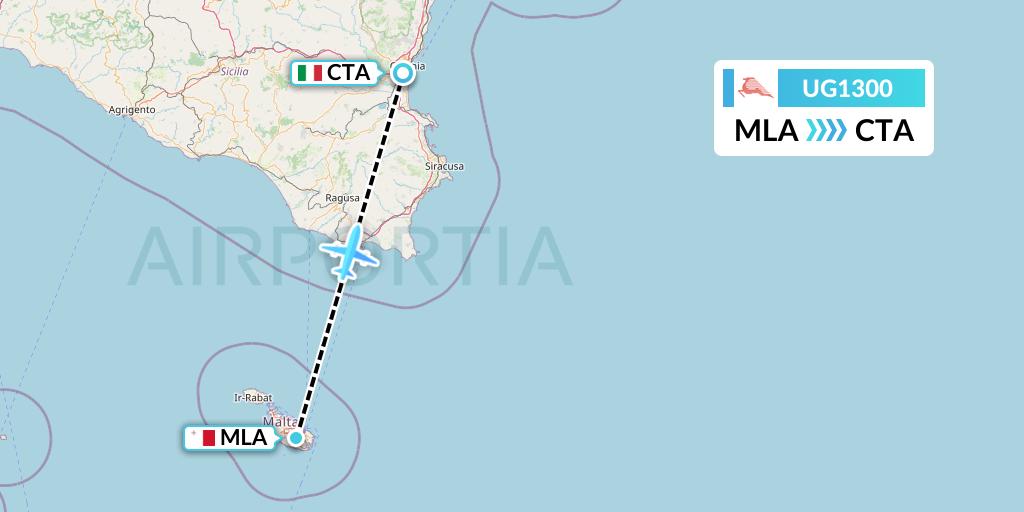 UG1300 Tunisair Express Flight Map: Malta to Catania
