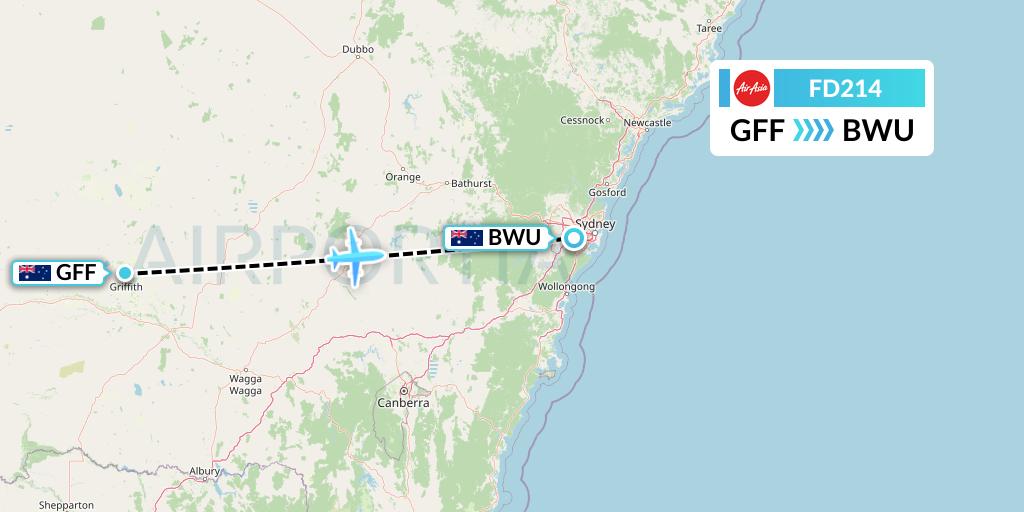 FD214 Thai AirAsia Flight Map: Griffith to Bankstown
