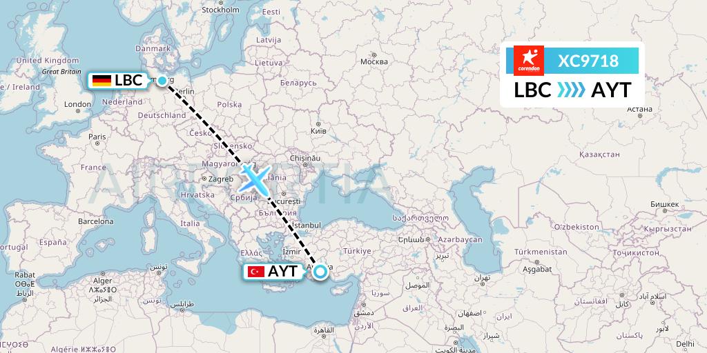XC9718 Corendon Airlines Flight Map: Lubeck to Antalya