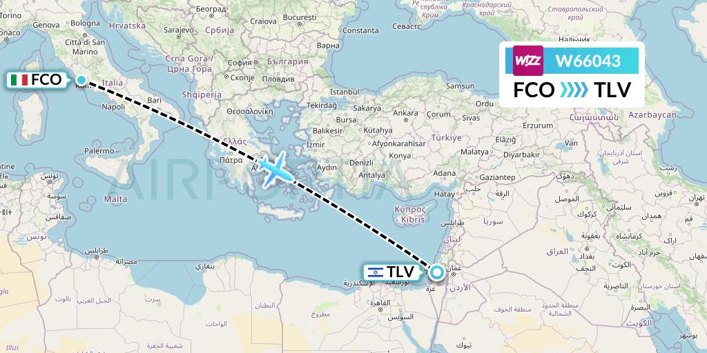 W66043 Wizz Air Flight Map: Rome to Tel Aviv