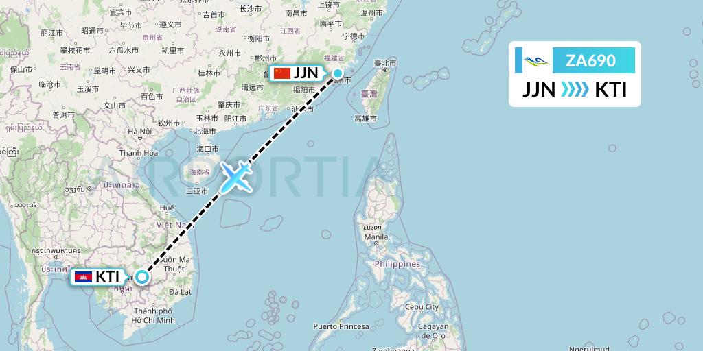 ZA690 Sky Angkor Airlines Flight Map: Jinjiang to Kratie